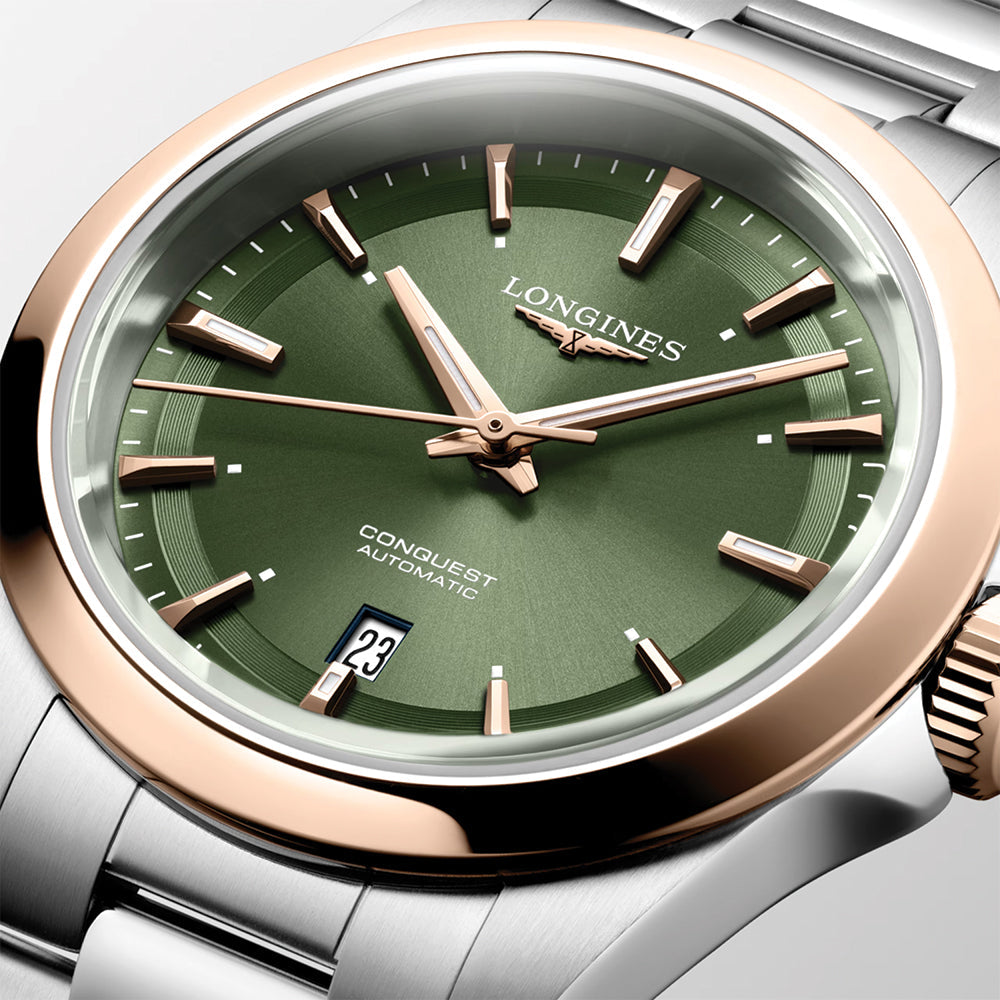longines Conquest 30mm - Green w/ Pink Gold Bezel on Bracelet