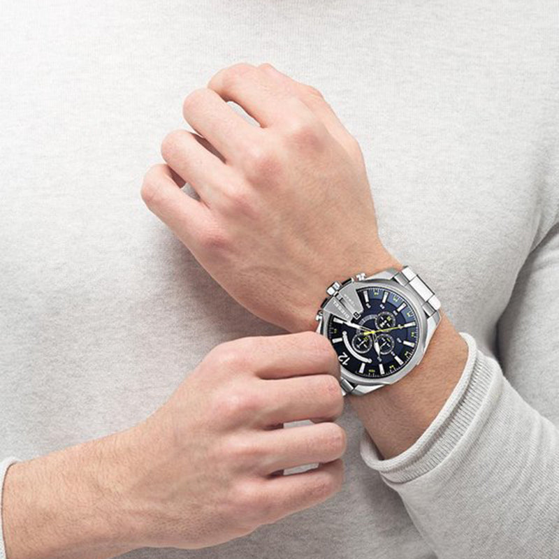 Diesel DZ4465 Mega Chief Chronograph Men's Watch – Blue Dial & Silver Stainless Steel Strap